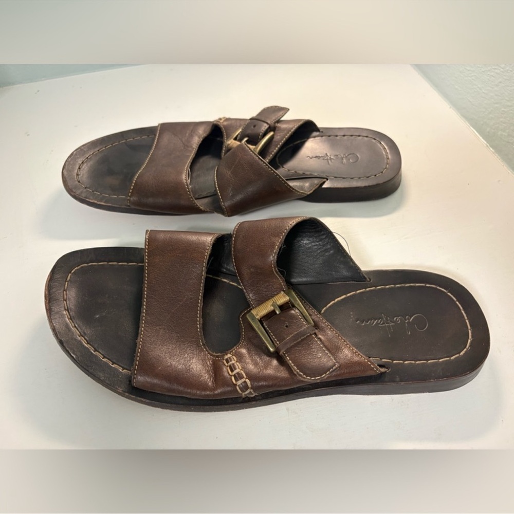 Cole Haan Brown Leather Men's Slide Sandals with Buckle on Side Sz 10